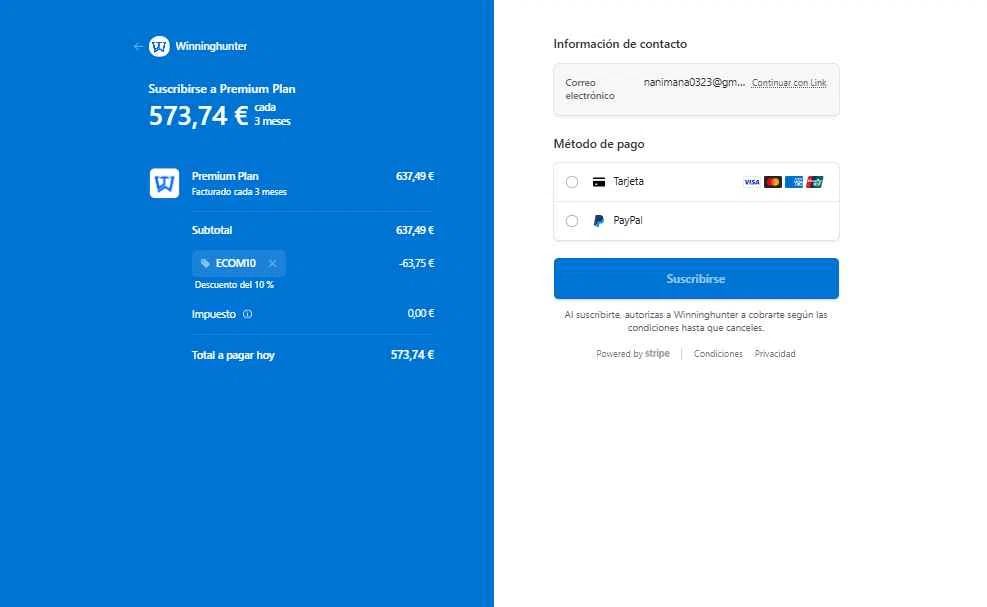 Winning Hunter checkout page showing Winning Hunter discount code box | Screenshot taken by SimplyCodes community member on Jan 27, 2026