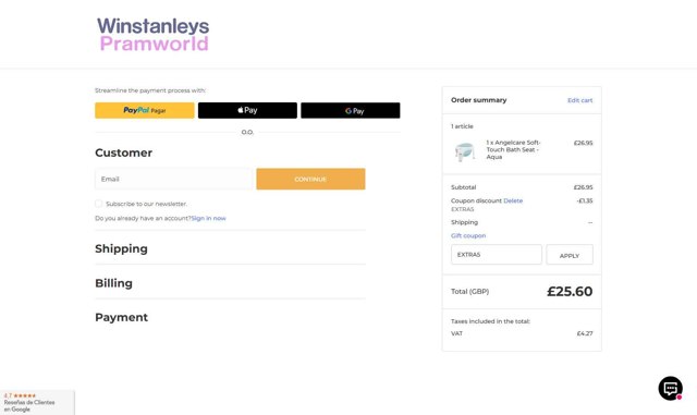 Winstanleys Pramworld checkout page showing Winstanleys Pramworld promo code box | Screenshot taken by SimplyCodes community member on Jul 21, 2025