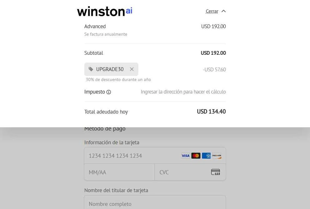 Winston AI checkout page showing Winston AI promo code box | Screenshot taken by SimplyCodes community member on Sep 30, 2025