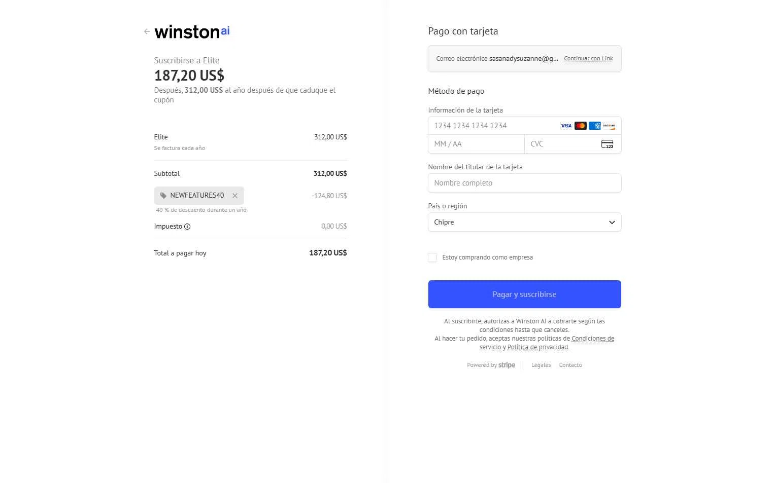 Winston AI checkout page showing Winston AI promo code box | Screenshot taken by SimplyCodes community member on Oct 17, 2025