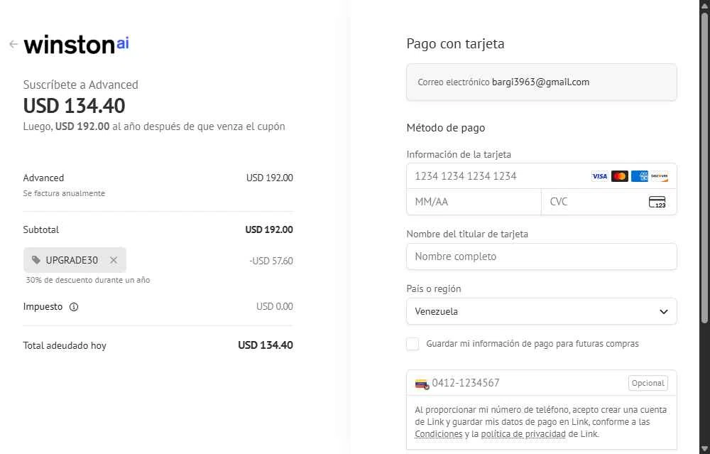 Winston AI checkout page showing Winston AI promo code box | Screenshot taken by SimplyCodes community member on Dec 14, 2025