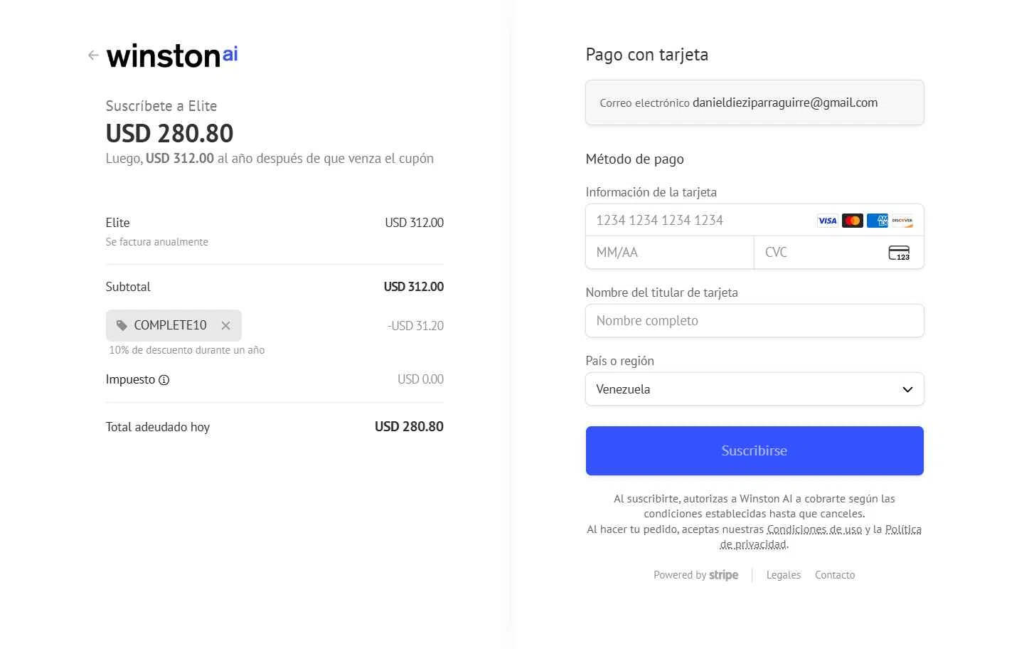 Winston AI checkout page showing Winston AI promo code box | Screenshot taken by SimplyCodes community member on Oct 10, 2025