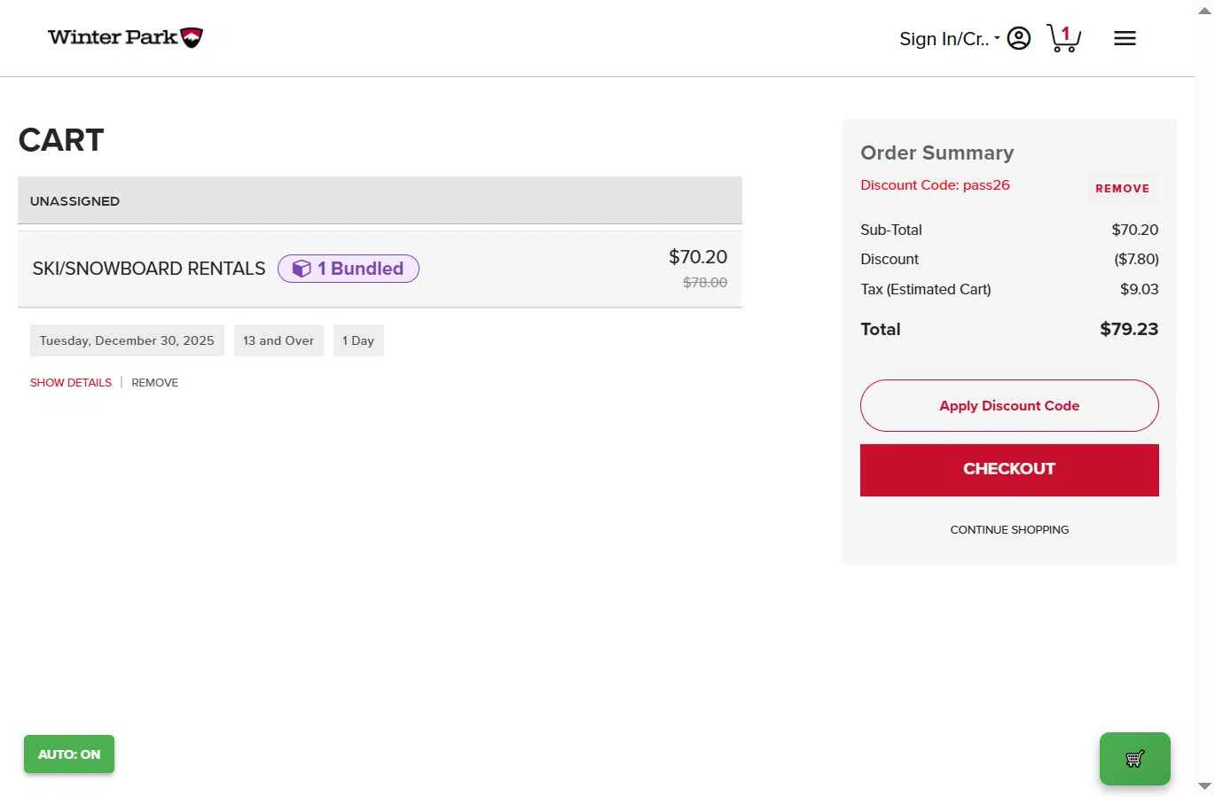 Winter Park Resort checkout page showing Winter Park Resort promo code box | Screenshot taken by SimplyCodes community member on Dec 27, 2025