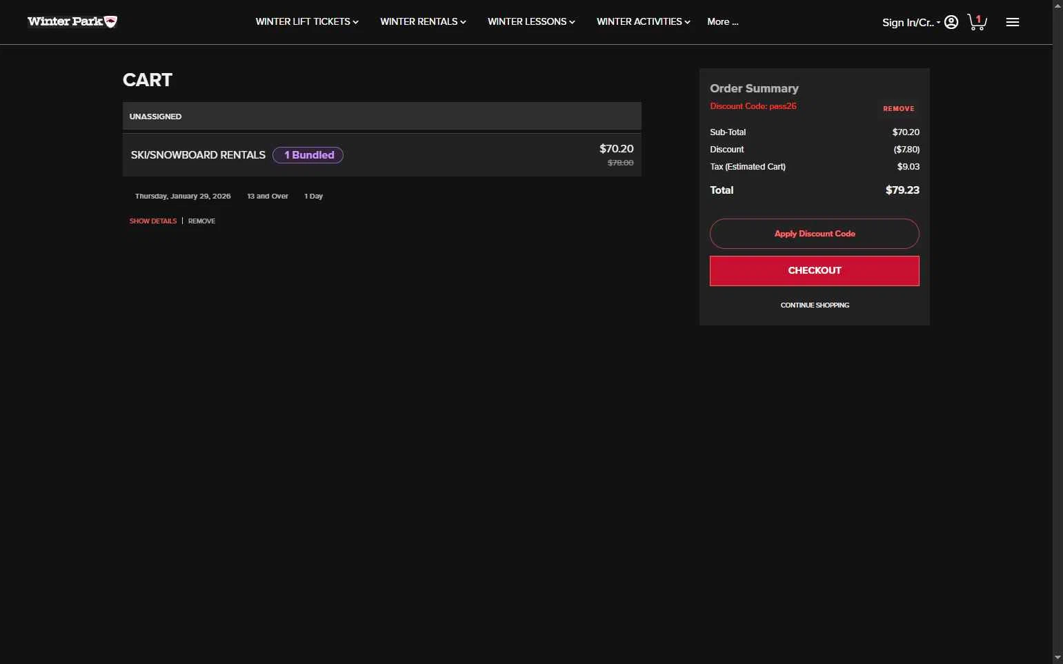 Winter Park Resort checkout page showing Winter Park Resort promo code box | Screenshot taken by SimplyCodes community member on Jan 26, 2026