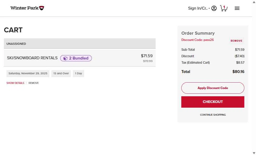 Winter Park Resort checkout page showing Winter Park Resort promo code box | Screenshot taken by SimplyCodes community member on Nov 28, 2025