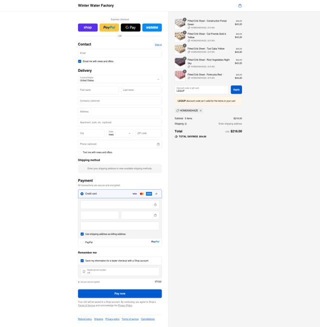 Winter Water Factory checkout page showing Winter Water Factory coupon code box | Screenshot taken by SimplyCodes community member on Sep 10, 2025