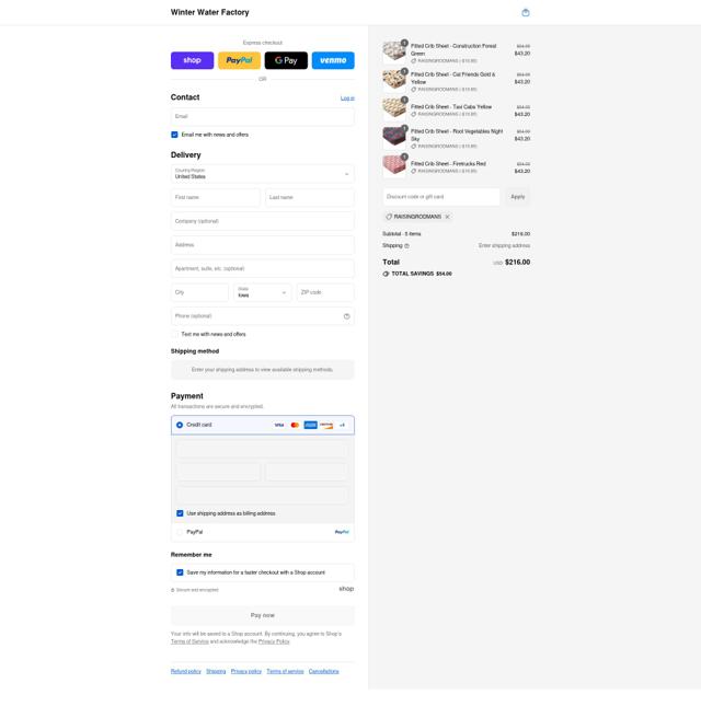 Winter Water Factory checkout page showing Winter Water Factory coupon code box | Screenshot taken by SimplyCodes community member on Sep 6, 2025