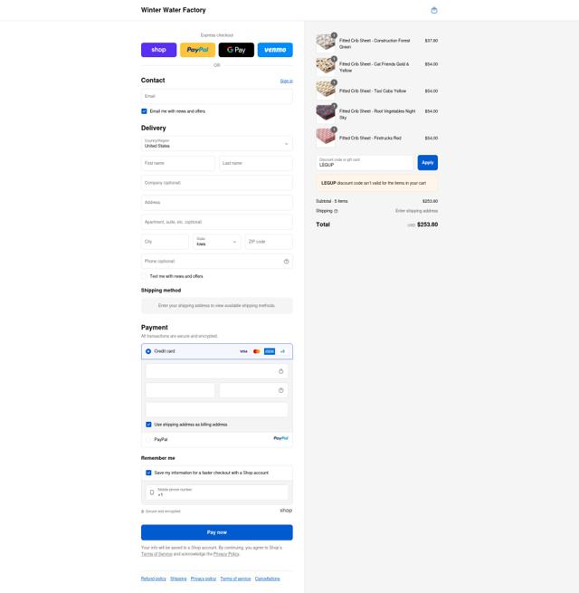 Winter Water Factory checkout page showing Winter Water Factory coupon code box | Screenshot taken by SimplyCodes community member on Sep 14, 2025