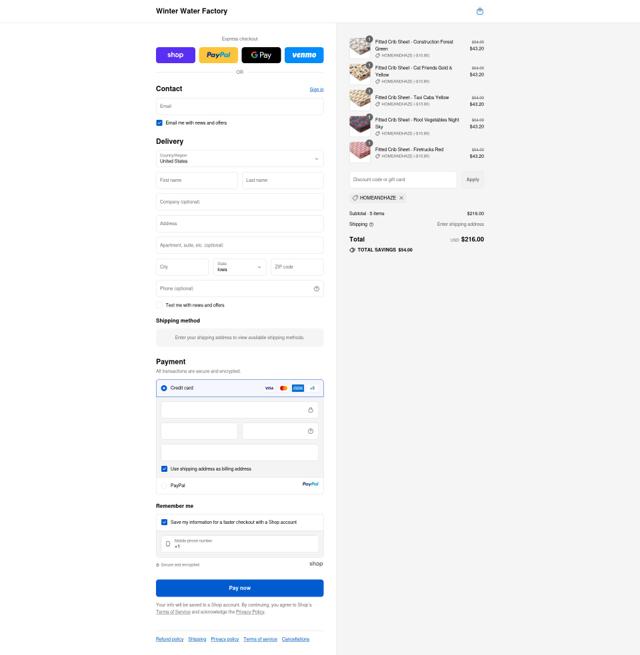 Winter Water Factory checkout page showing Winter Water Factory coupon code box | Screenshot taken by SimplyCodes community member on Sep 10, 2025