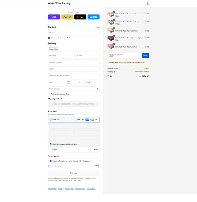 Winter Water Factory checkout page showing Winter Water Factory coupon code box | Screenshot taken by SimplyCodes community member on Sep 6, 2025
