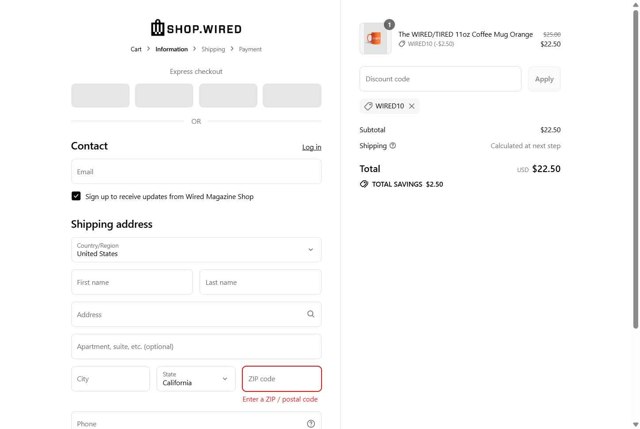 WIRED checkout page showing WIRED promo code box | Screenshot taken by SimplyCodes community member on Aug 26, 2025