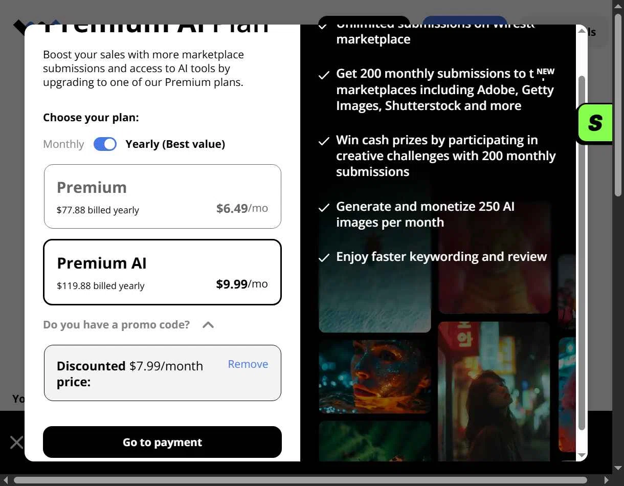 Wirestock checkout page showing Wirestock promo code box | Screenshot taken by SimplyCodes community member on Oct 18, 2025