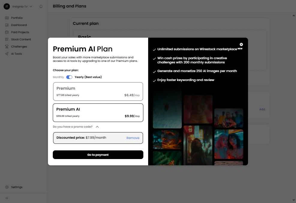 Wirestock checkout page showing Wirestock promo code box | Screenshot taken by SimplyCodes community member on Feb 3, 2026
