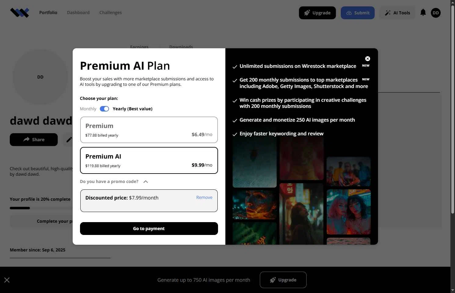 Wirestock checkout page showing Wirestock promo code box | Screenshot taken by SimplyCodes community member on Sep 6, 2025