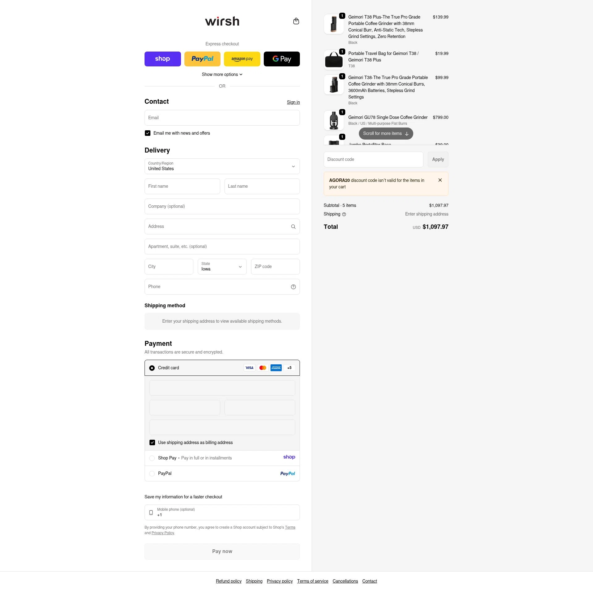 Wirsh checkout page showing Wirsh promo code box | Screenshot taken by SimplyCodes community member on Jan 10, 2026