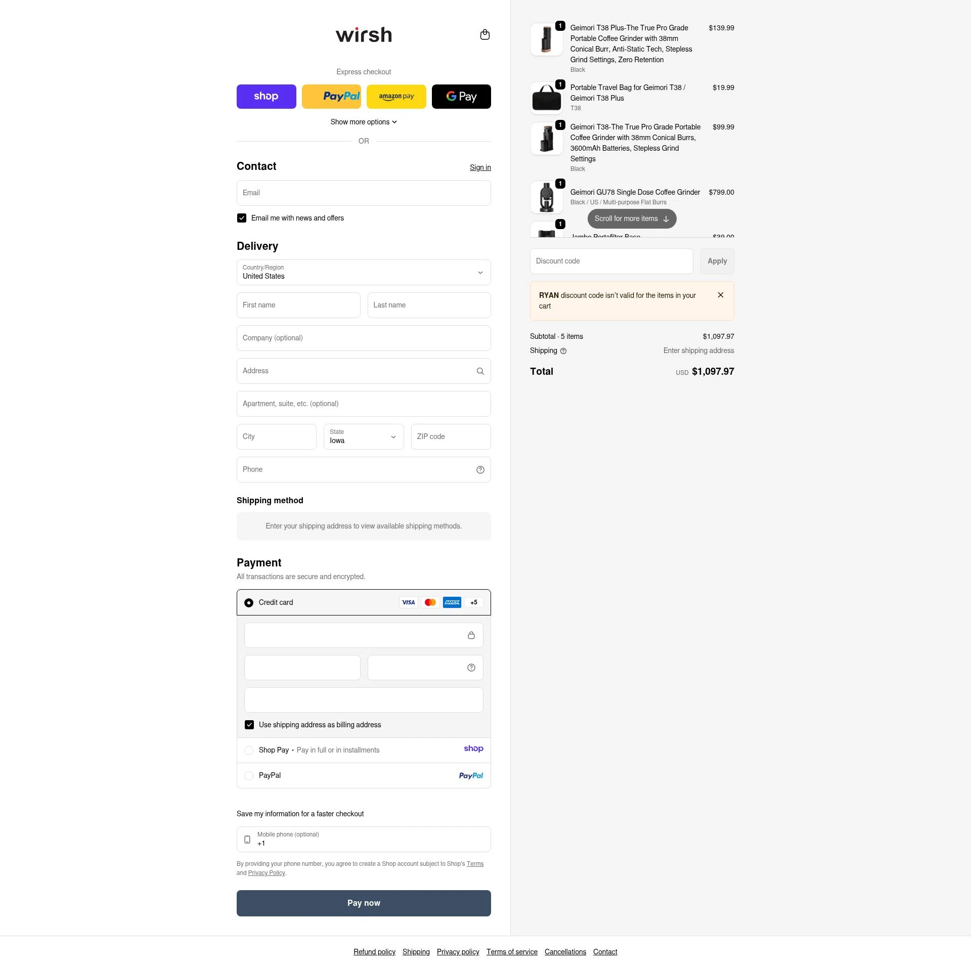 Wirsh checkout page showing Wirsh promo code box | Screenshot taken by SimplyCodes community member on Jan 10, 2026