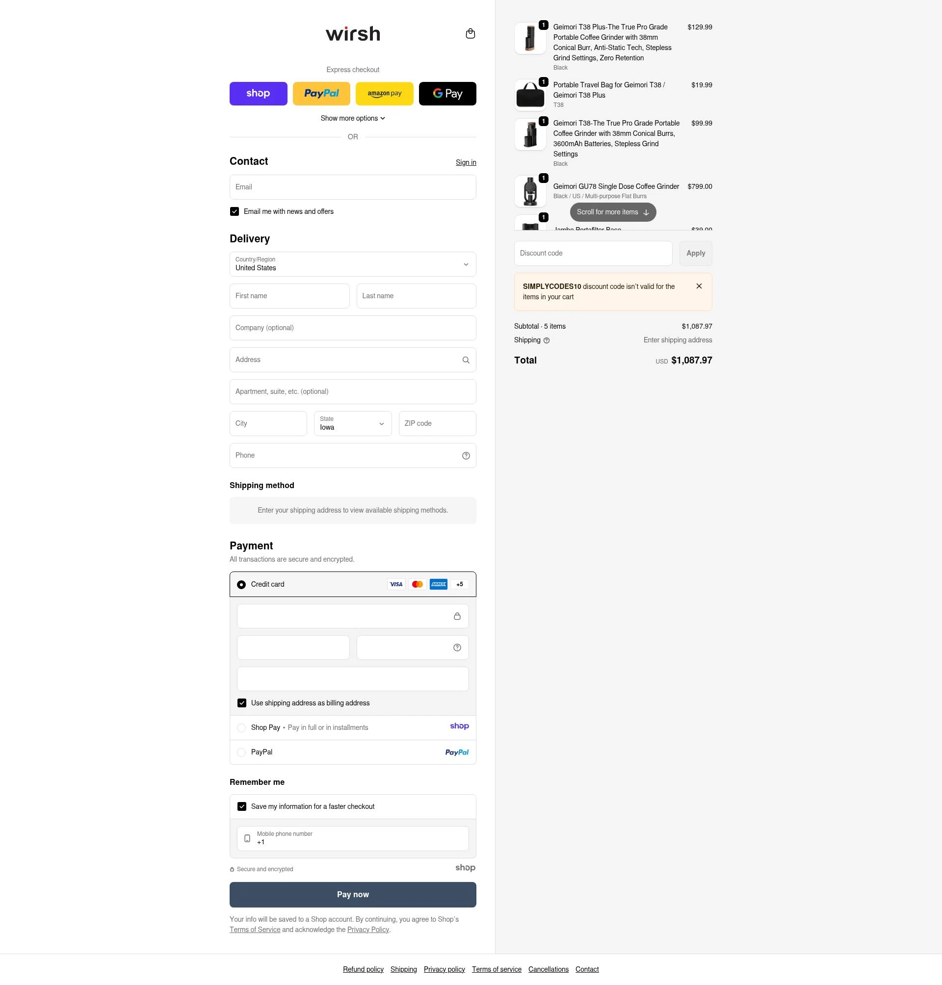 Wirsh checkout page showing Wirsh promo code box | Screenshot taken by SimplyCodes community member on Jan 5, 2026
