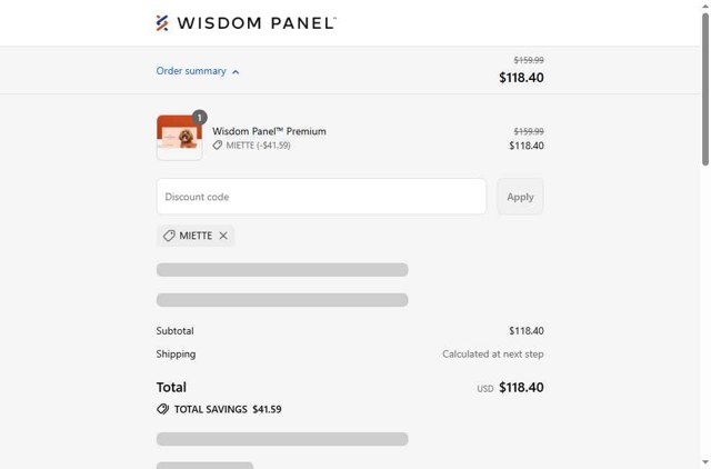 Wisdom Panel checkout page showing Wisdom Panel discount code box | Screenshot taken by SimplyCodes community member on Aug 27, 2025