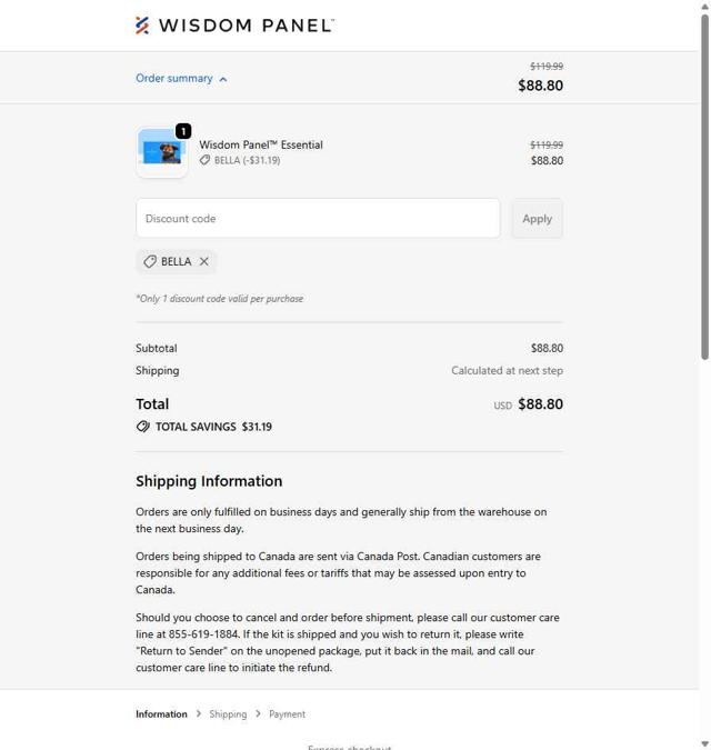 Wisdom Panel checkout page showing Wisdom Panel discount code box | Screenshot taken by SimplyCodes community member on Oct 1, 2025
