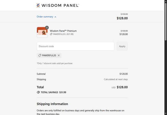 Wisdom Panel checkout page showing Wisdom Panel discount code box | Screenshot taken by SimplyCodes community member on Aug 27, 2025