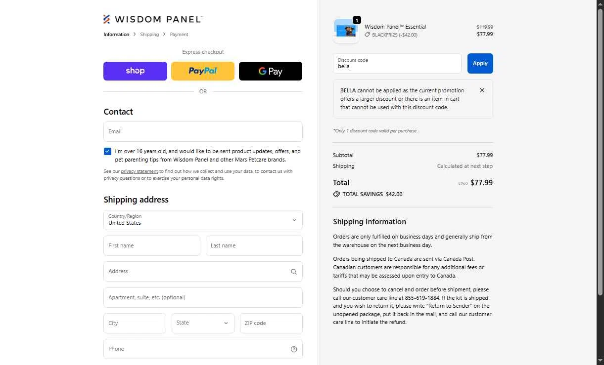 Wisdom Panel checkout page showing Wisdom Panel discount code box | Screenshot taken by SimplyCodes community member on Nov 28, 2025