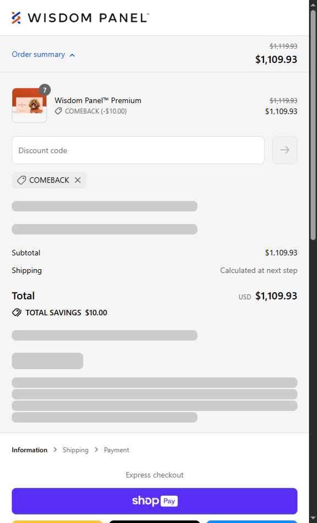 Wisdom Panel checkout page showing Wisdom Panel discount code box | Screenshot taken by SimplyCodes community member on Aug 27, 2025