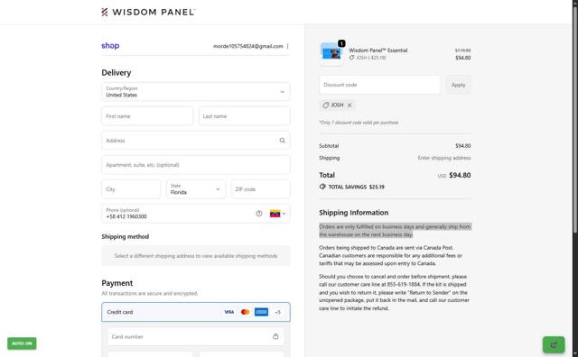Wisdom Panel checkout page showing Wisdom Panel discount code box | Screenshot taken by SimplyCodes community member on Sep 26, 2025