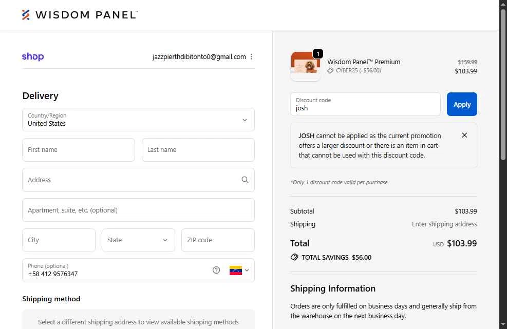 Wisdom Panel checkout page showing Wisdom Panel discount code box | Screenshot taken by SimplyCodes community member on Dec 2, 2025