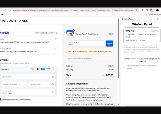 Wisdom Panel checkout page showing Wisdom Panel discount code box | Screenshot taken by SimplyCodes community member on Aug 16, 2025