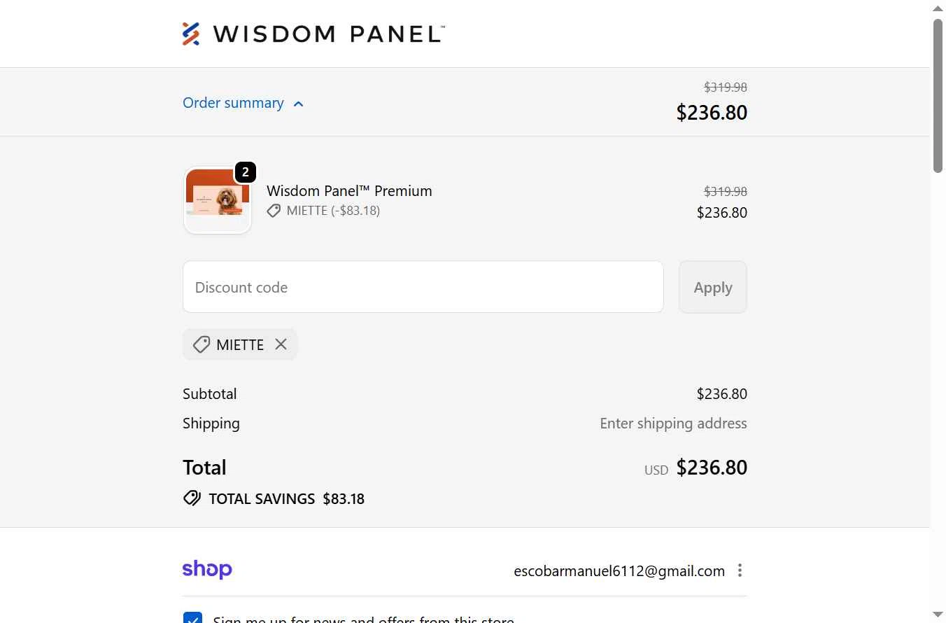 Wisdom Panel checkout page showing Wisdom Panel discount code box | Screenshot taken by SimplyCodes community member on Jan 8, 2026