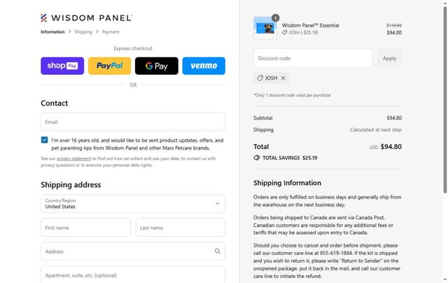 Wisdom Panel checkout page showing Wisdom Panel discount code box | Screenshot taken by SimplyCodes community member on Aug 12, 2025