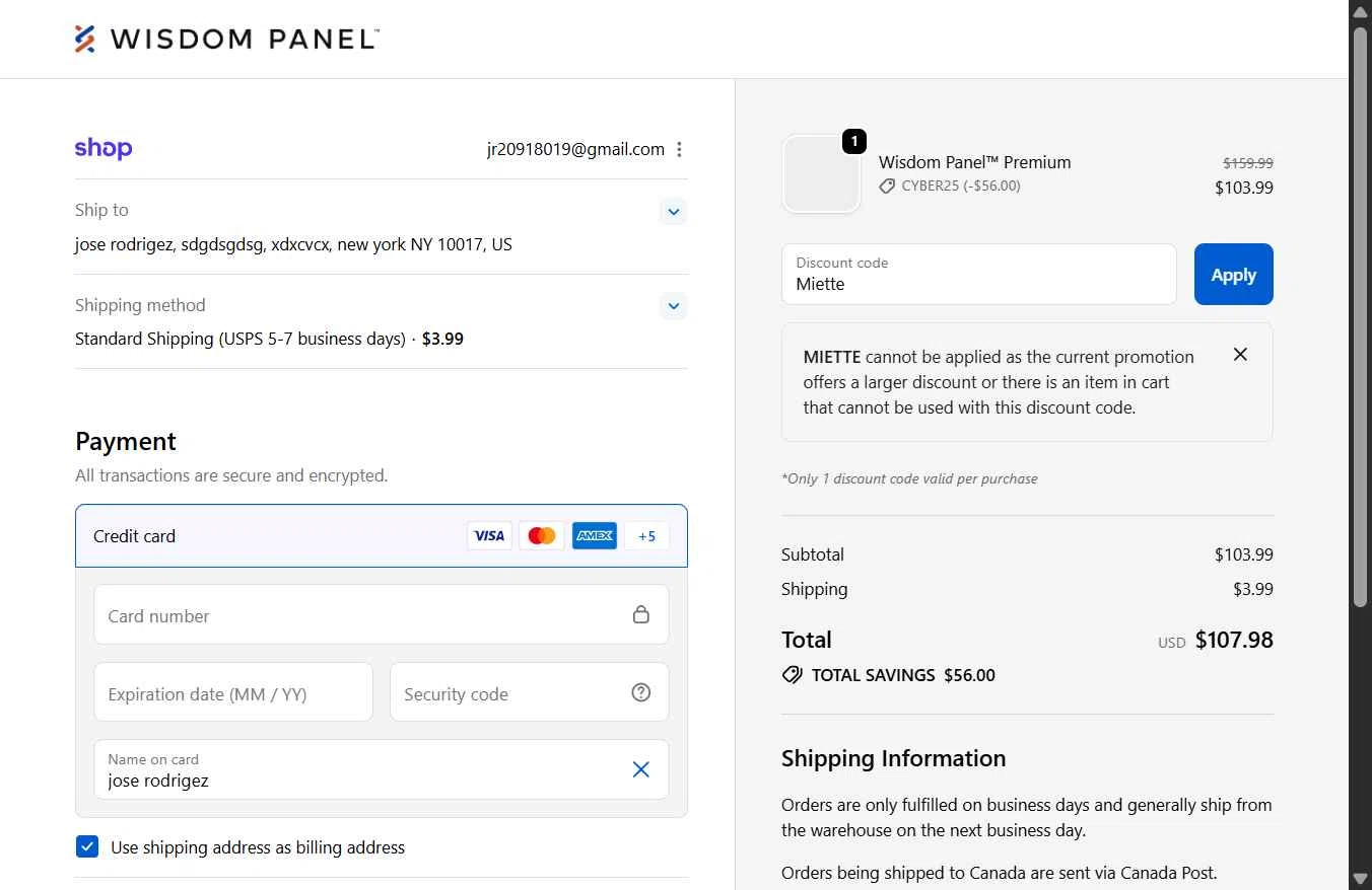 Wisdom Panel checkout page showing Wisdom Panel discount code box | Screenshot taken by SimplyCodes community member on Dec 2, 2025