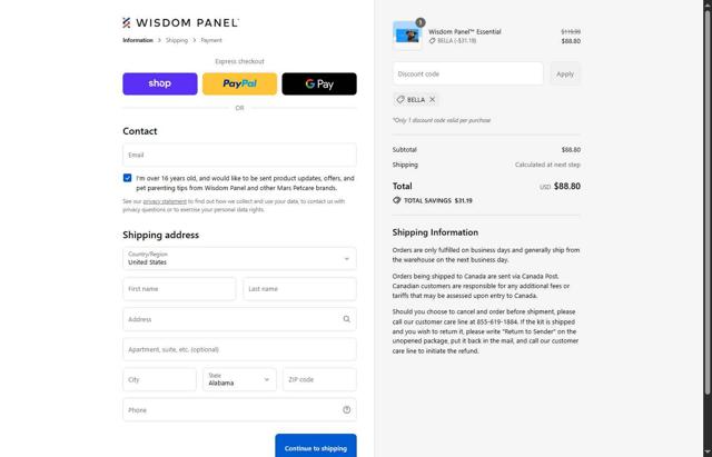 Wisdom Panel checkout page showing Wisdom Panel discount code box | Screenshot taken by SimplyCodes community member on Sep 9, 2025