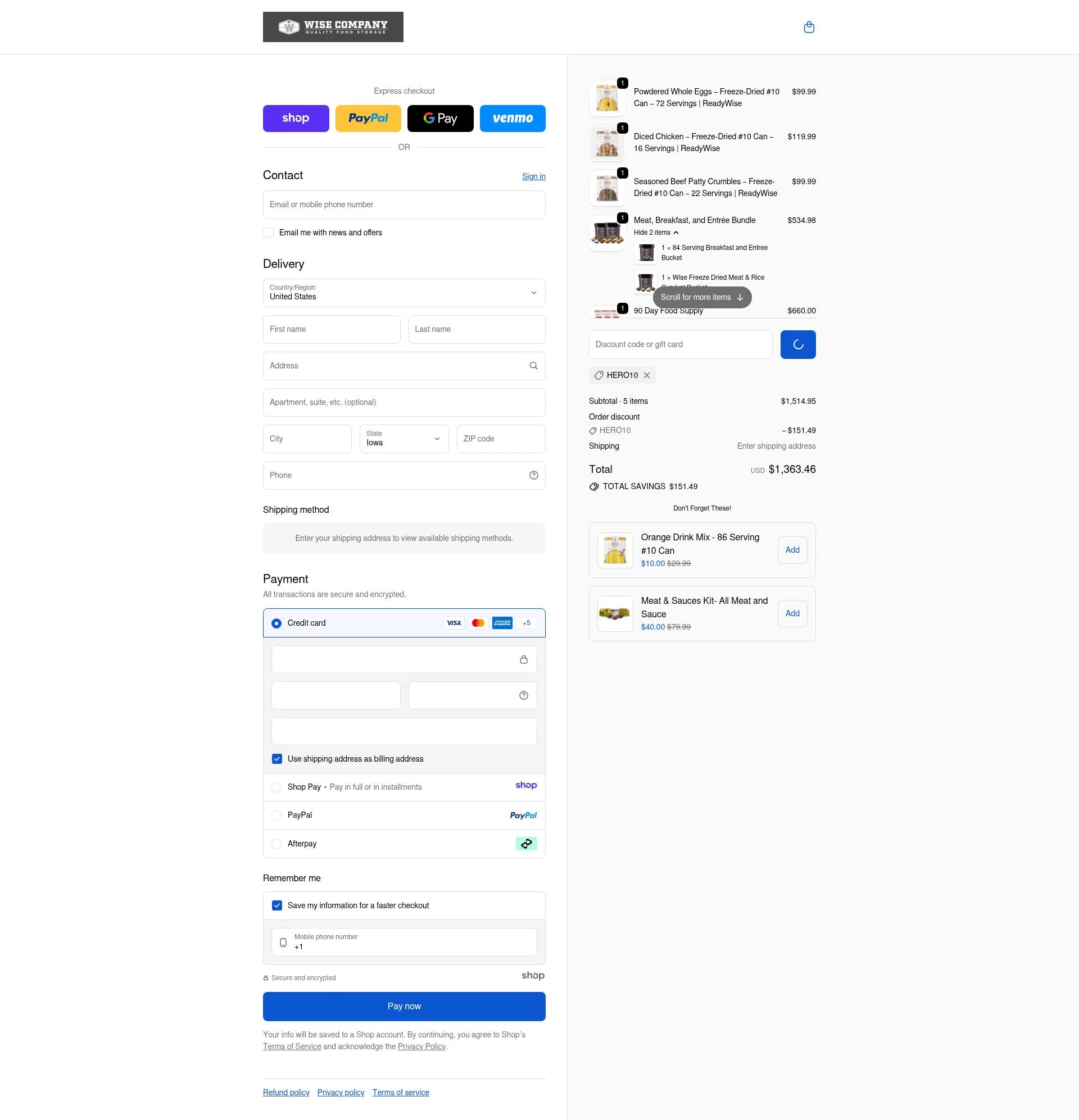 Wise Company - Wise Food Storage checkout page showing Wise Company - Wise Food Storage promo code box | Screenshot taken by SimplyCodes community member on Jan 2, 2026