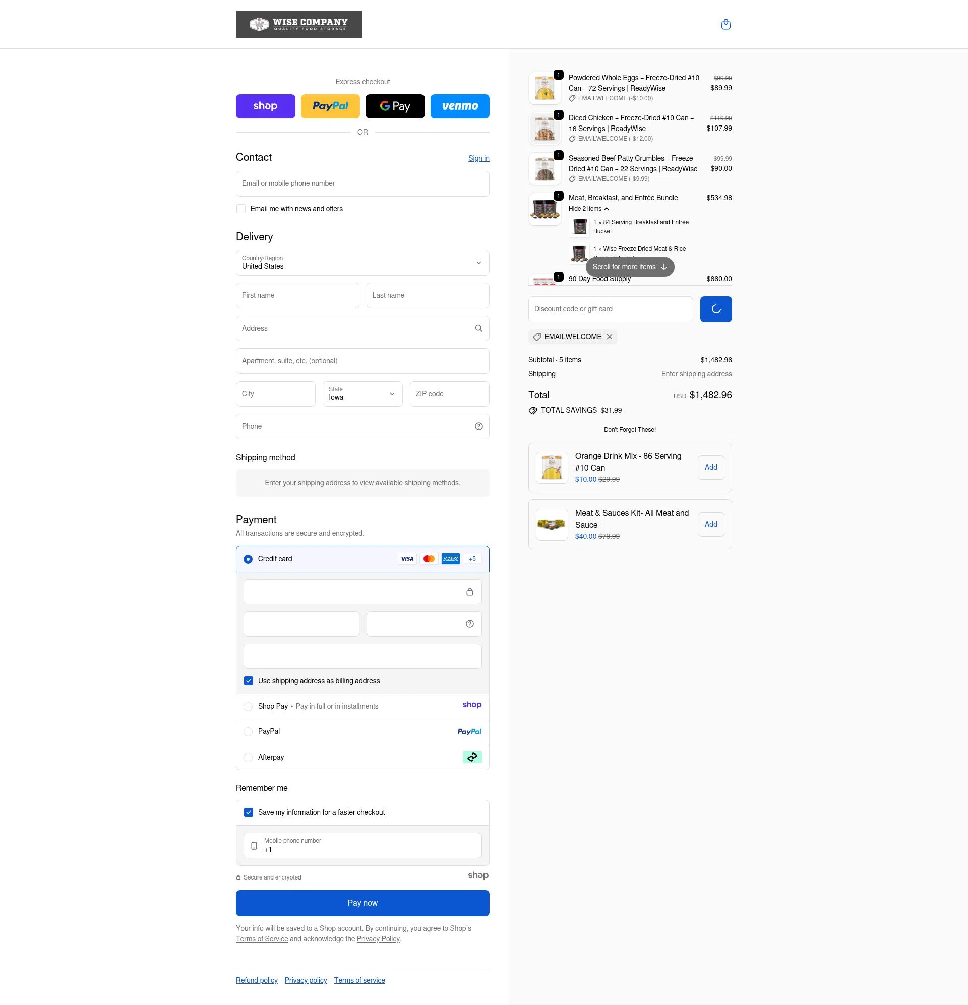 Wise Company - Wise Food Storage checkout page showing Wise Company - Wise Food Storage promo code box | Screenshot taken by SimplyCodes community member on Jan 2, 2026