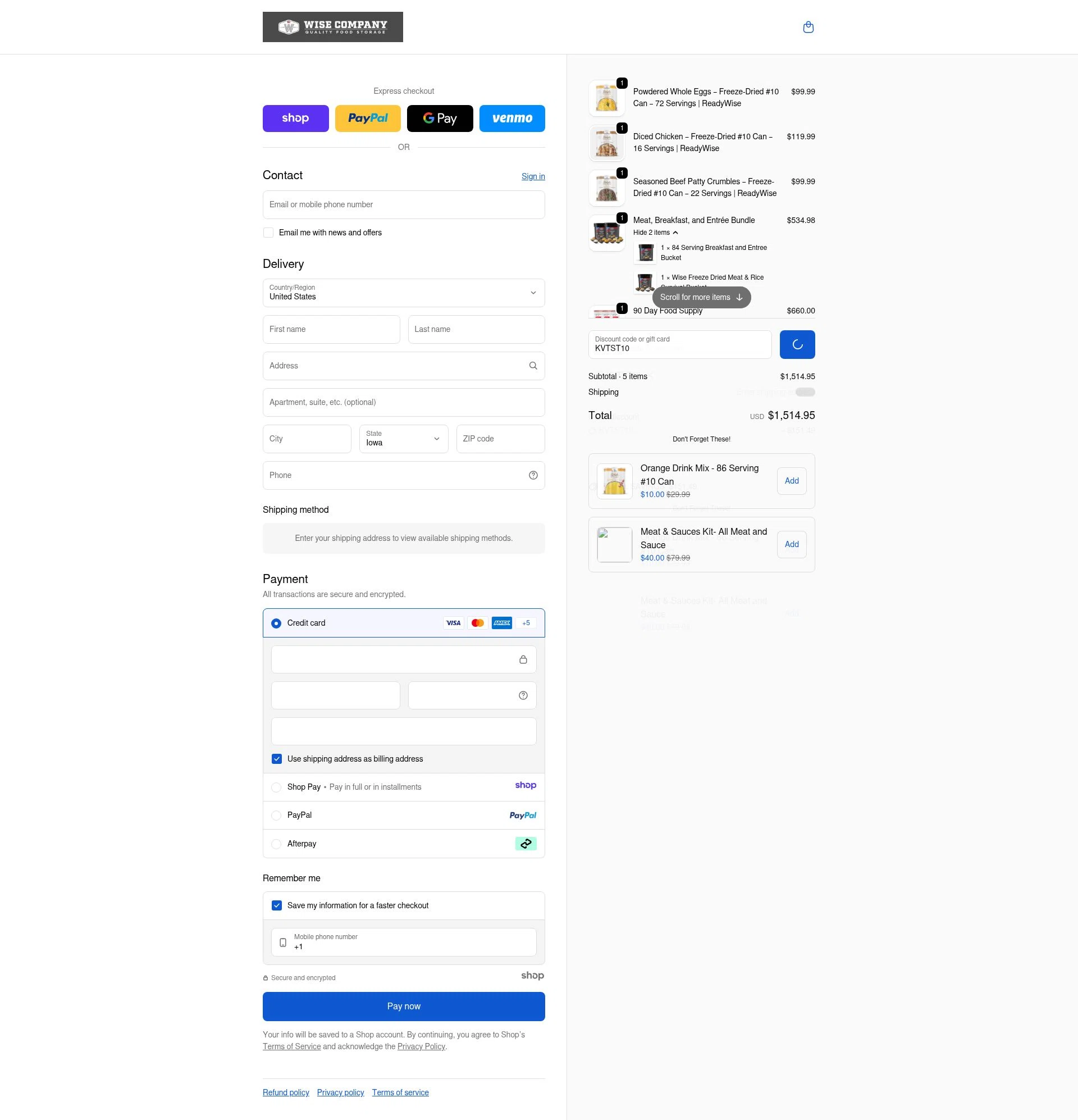 Wise Company - Wise Food Storage checkout page showing Wise Company - Wise Food Storage promo code box | Screenshot taken by SimplyCodes community member on Jan 2, 2026