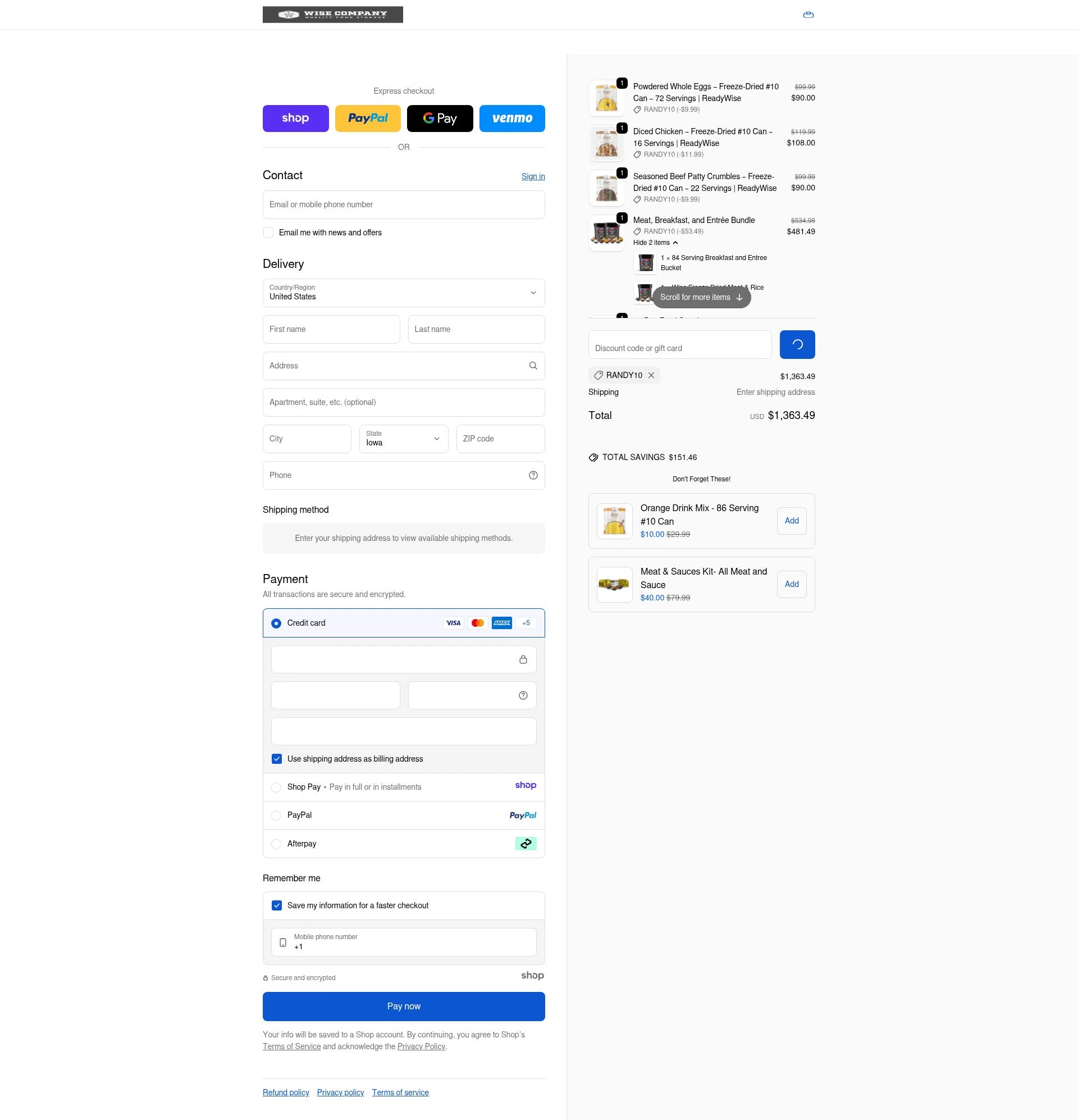 Wise Company - Wise Food Storage checkout page showing Wise Company - Wise Food Storage promo code box | Screenshot taken by SimplyCodes community member on Jan 2, 2026