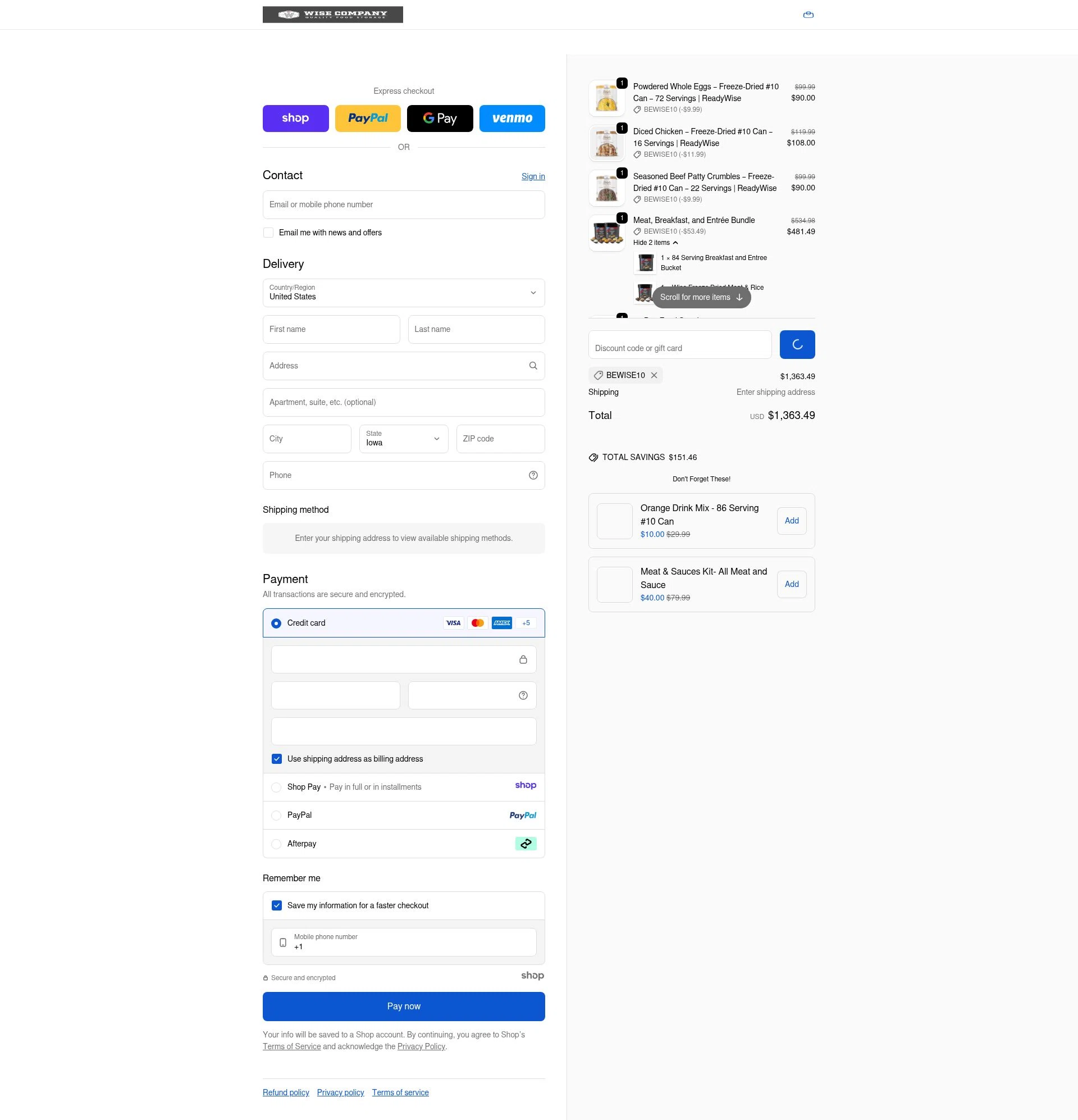 Wise Company - Wise Food Storage checkout page showing Wise Company - Wise Food Storage promo code box | Screenshot taken by SimplyCodes community member on Jan 2, 2026