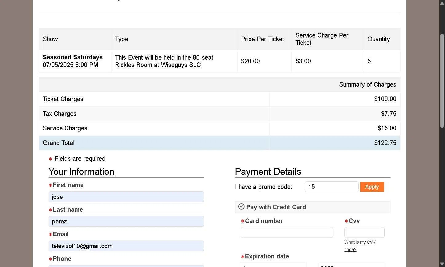 Wiseguys Comedy checkout page showing Wiseguys Comedy promo code box | Screenshot taken by SimplyCodes community member on Jun 27, 2025