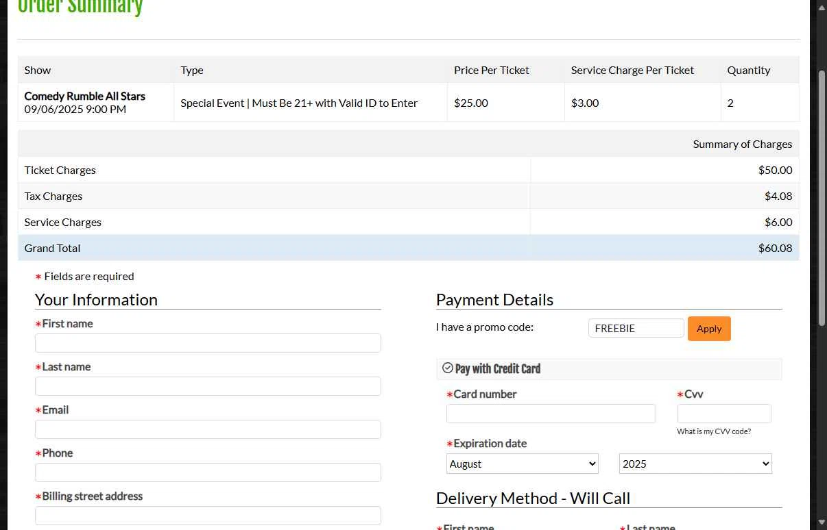 Wiseguys Comedy checkout page showing Wiseguys Comedy promo code box | Screenshot taken by SimplyCodes community member on Aug 22, 2025