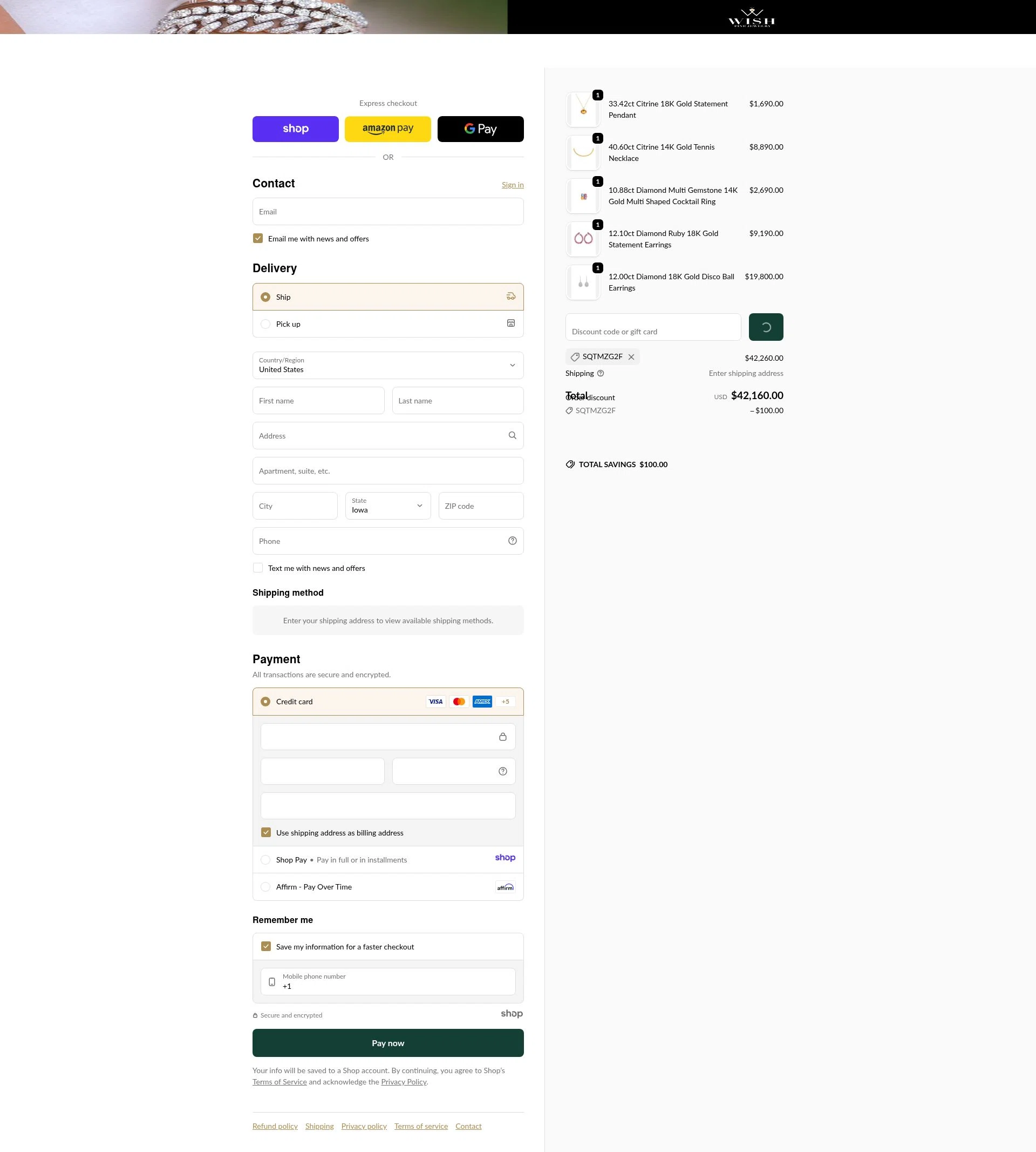 Wish Fine Jewelry checkout page showing Wish Fine Jewelry promo code box | Screenshot taken by SimplyCodes community member on Dec 30, 2025