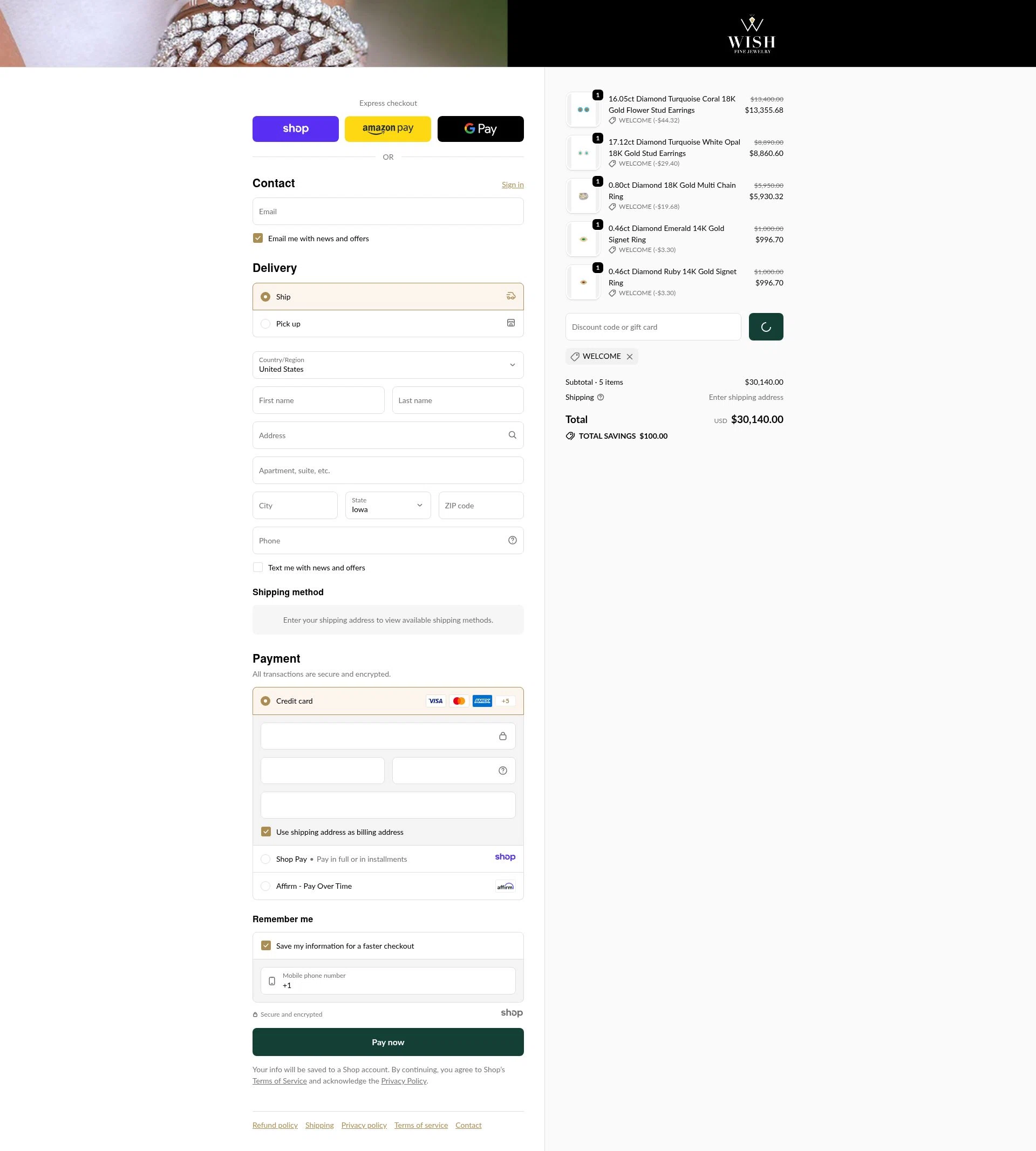 Wish Fine Jewelry checkout page showing Wish Fine Jewelry promo code box | Screenshot taken by SimplyCodes community member on Dec 25, 2025