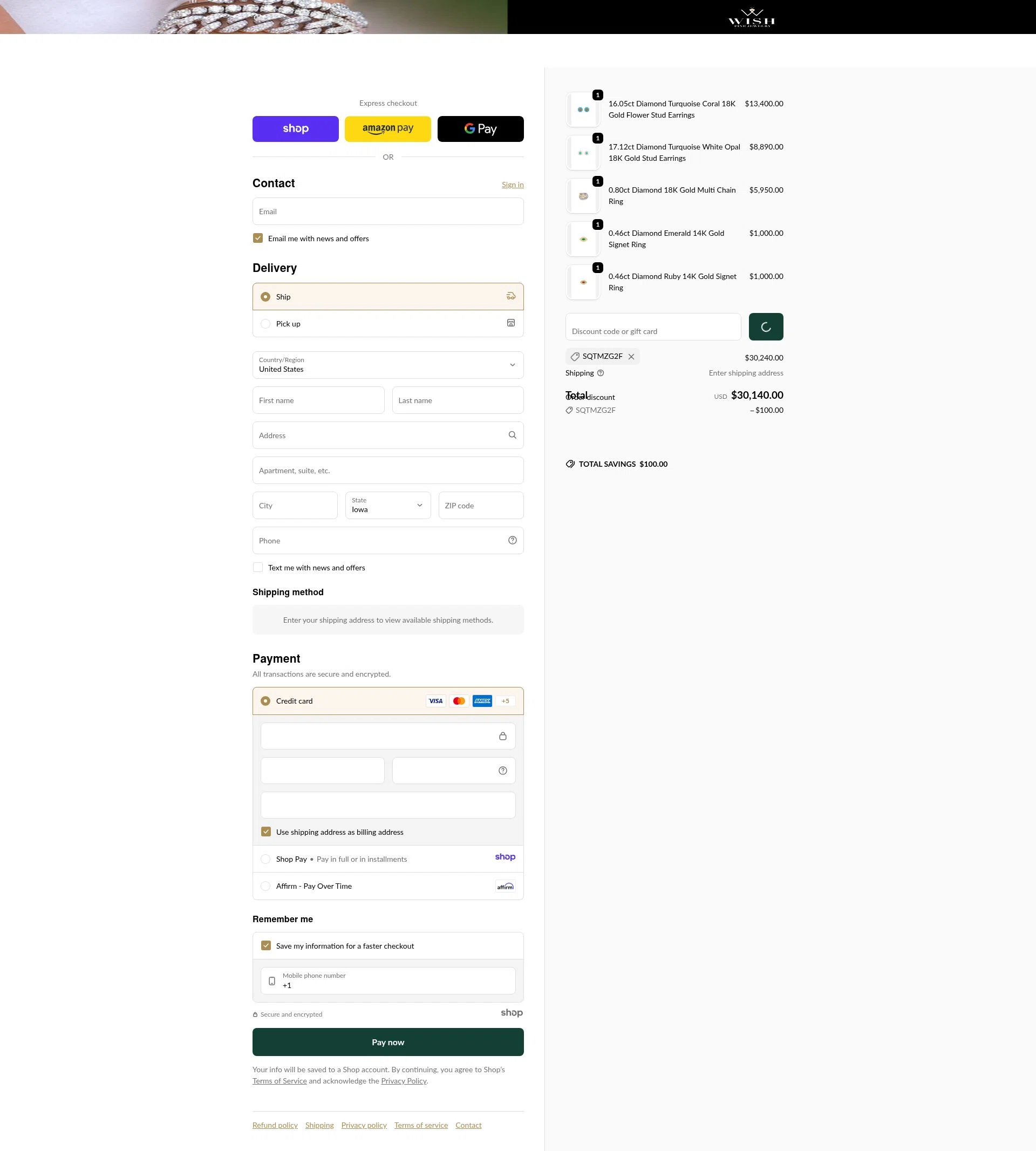 Wish Fine Jewelry checkout page showing Wish Fine Jewelry promo code box | Screenshot taken by SimplyCodes community member on Dec 20, 2025