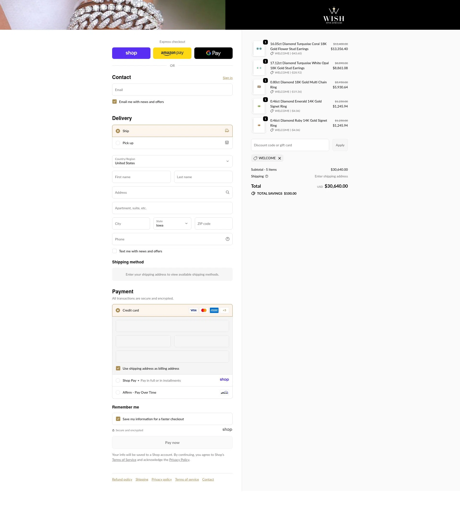 Wish Fine Jewelry checkout page showing Wish Fine Jewelry promo code box | Screenshot taken by SimplyCodes community member on Dec 13, 2025