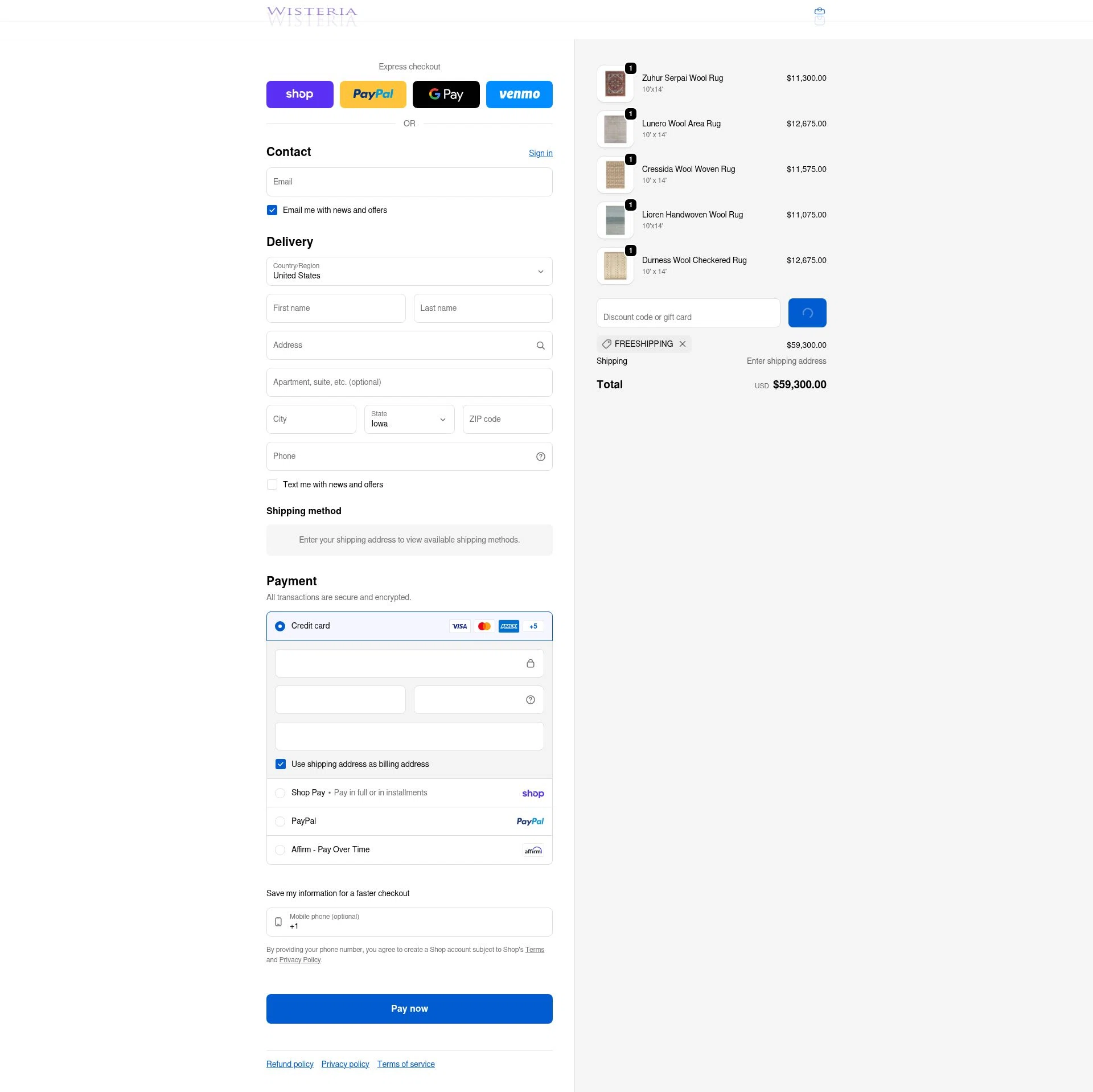 Wisteria checkout page showing Wisteria discount code box | Screenshot taken by SimplyCodes community member on Feb 1, 2026