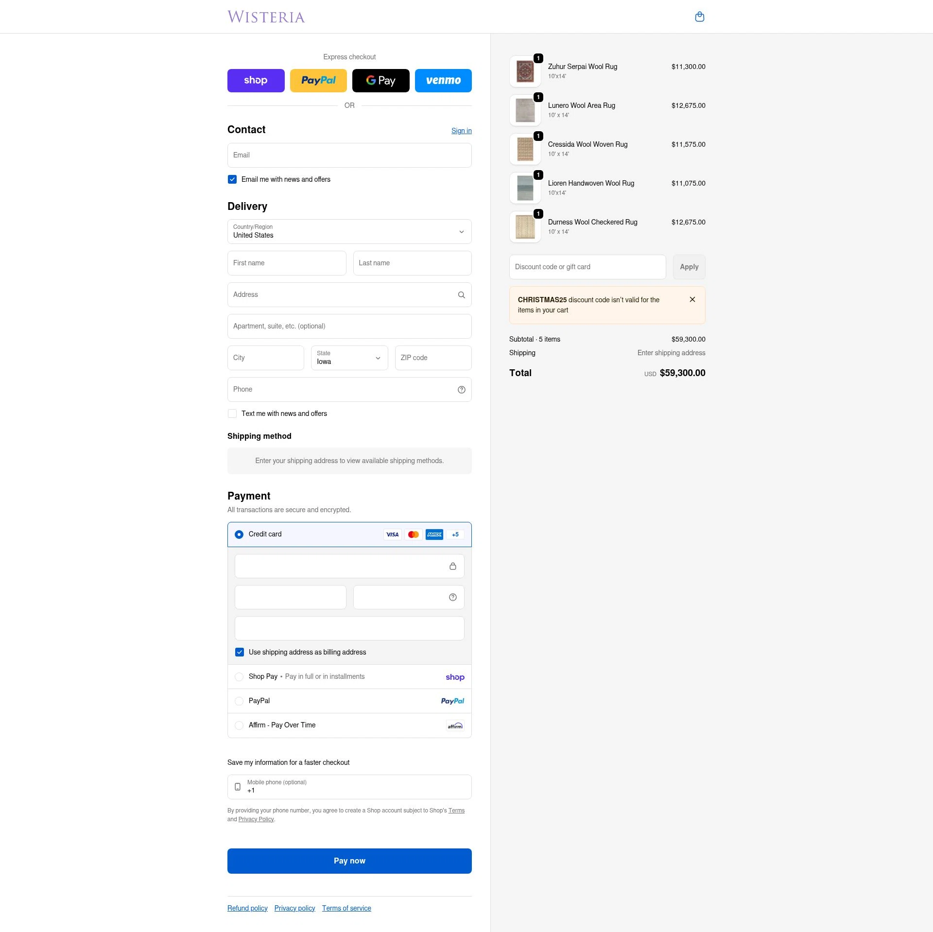 Wisteria checkout page showing Wisteria discount code box | Screenshot taken by SimplyCodes community member on Feb 1, 2026