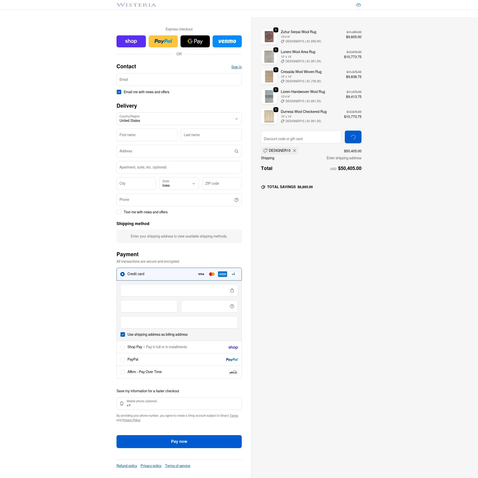 Wisteria checkout page showing Wisteria discount code box | Screenshot taken by SimplyCodes community member on Feb 5, 2026