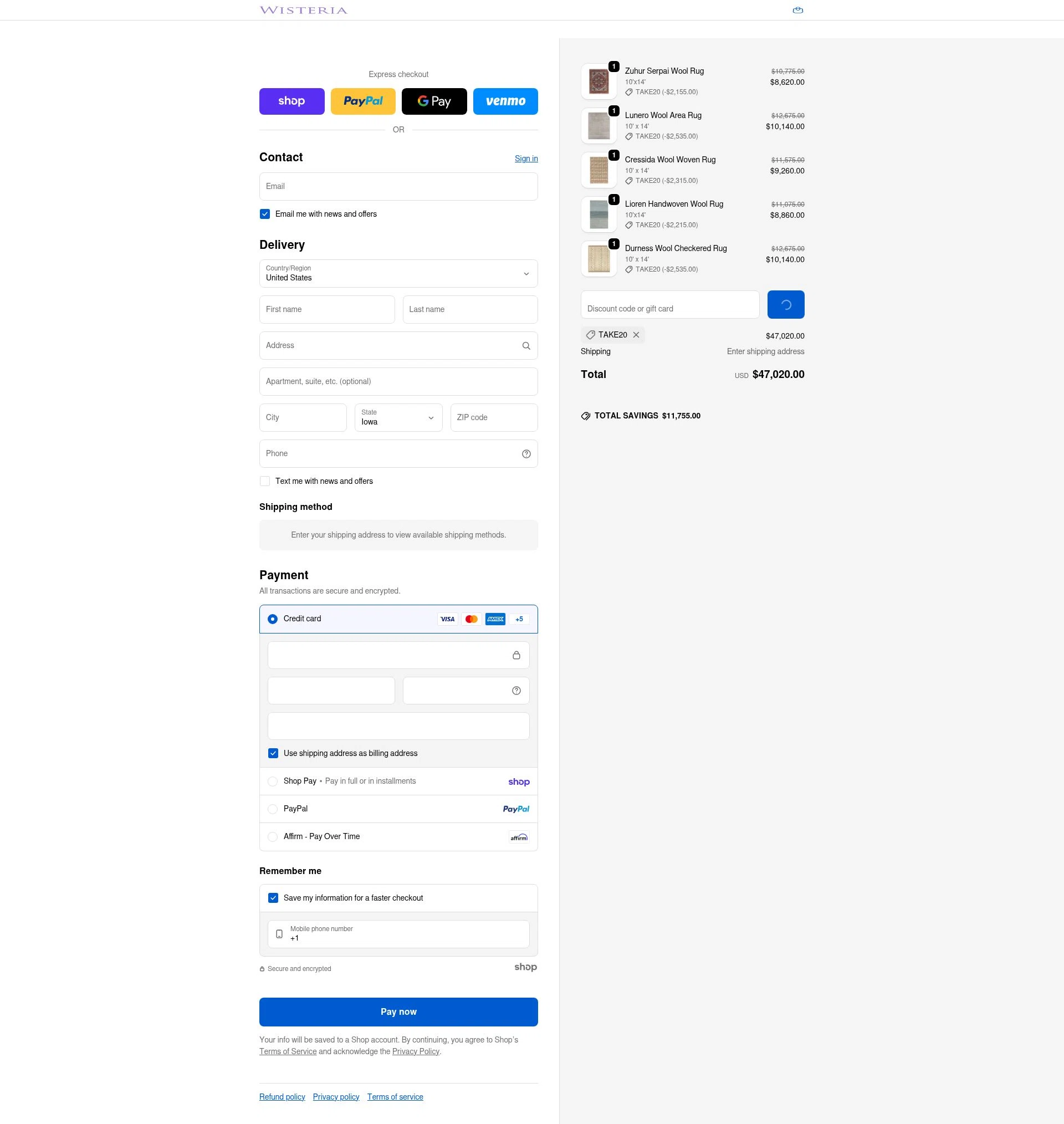 Wisteria checkout page showing Wisteria discount code box | Screenshot taken by SimplyCodes community member on Jan 27, 2026
