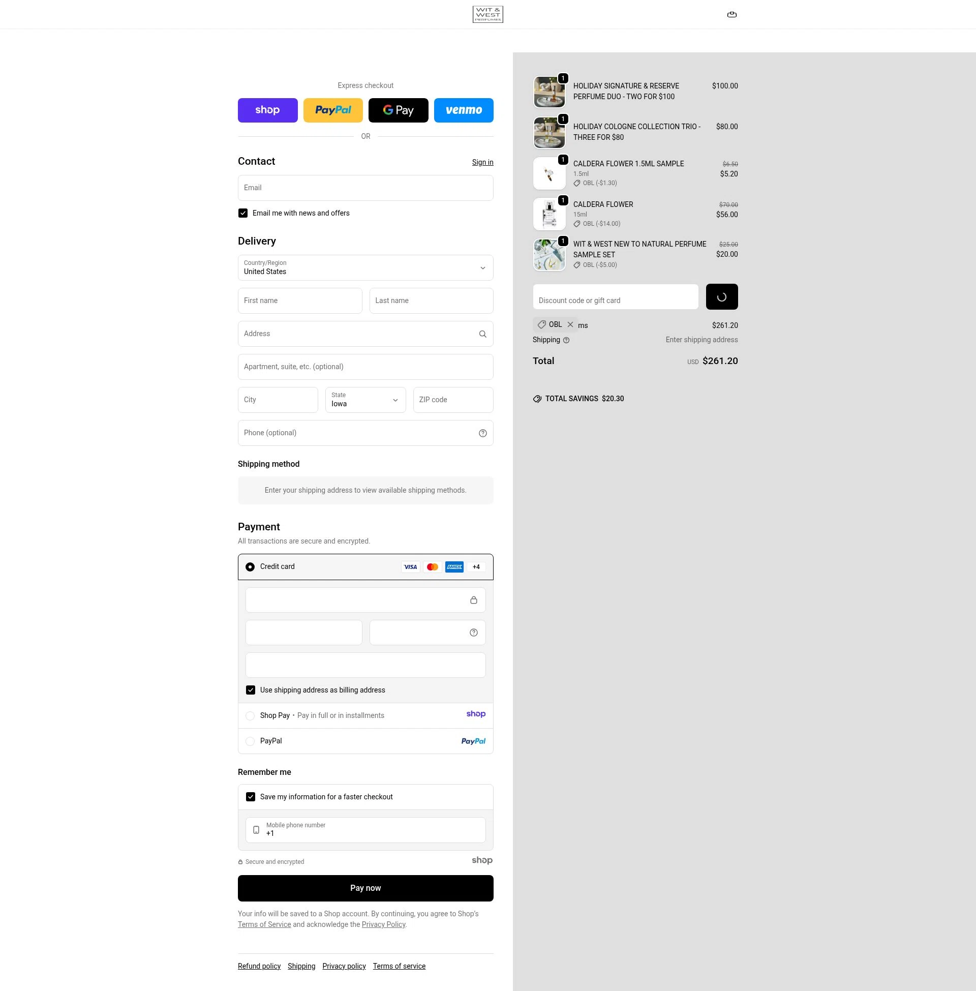 Wit & West Perfumes checkout page showing Wit & West Perfumes promo code box | Screenshot taken by SimplyCodes community member on Dec 24, 2025