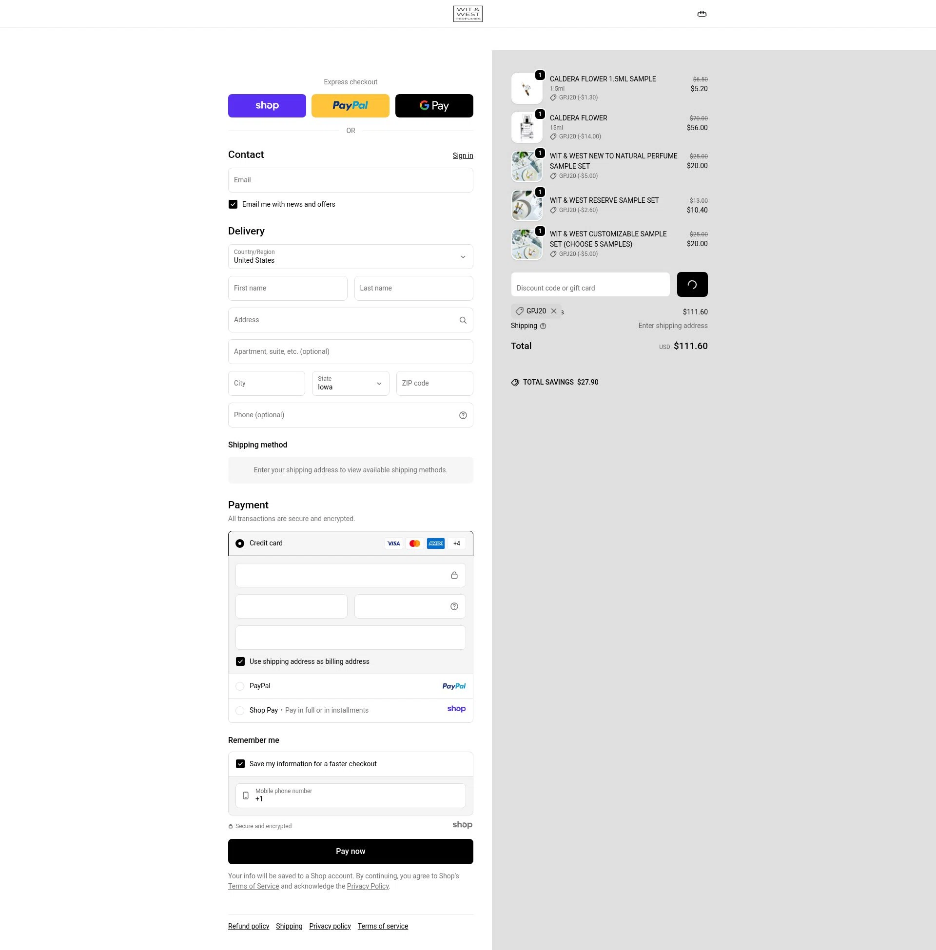 Wit & West Perfumes checkout page showing Wit & West Perfumes promo code box | Screenshot taken by SimplyCodes community member on Dec 17, 2025